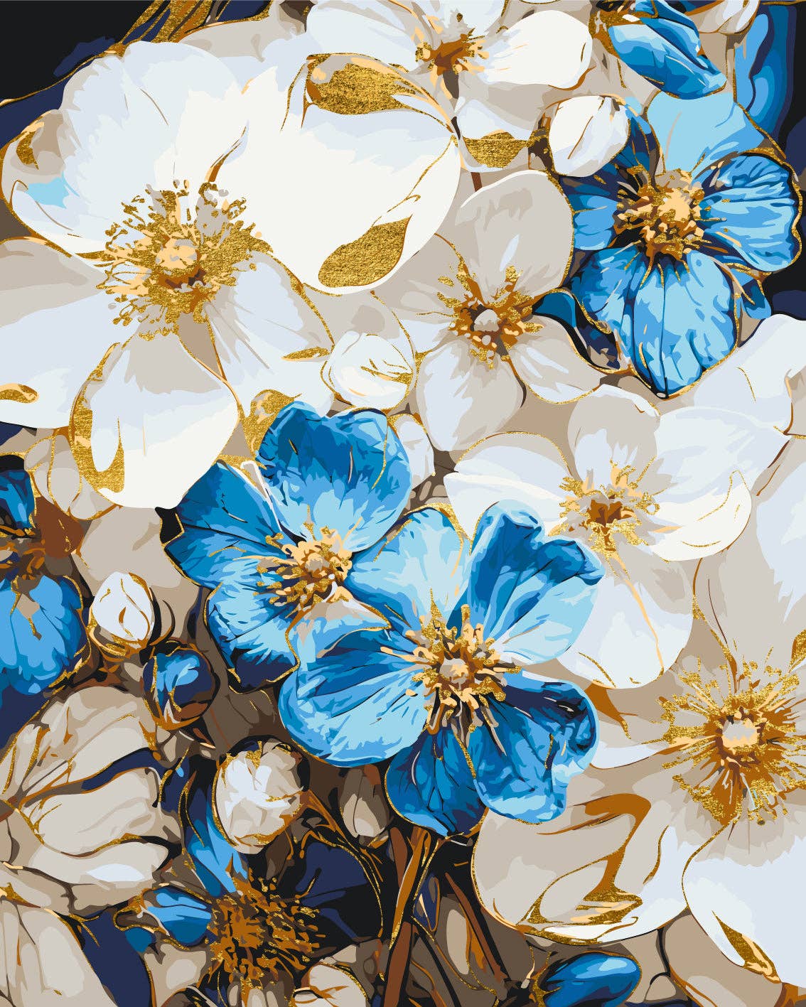 Mal efter tal – Blå og hvide blomster med metallic – mal efter tal 40 x 50 cm